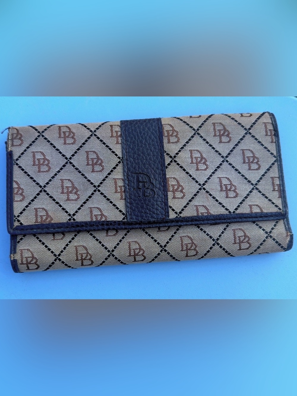 Dooney & Bourke Monogram Canvas Checkbook Wallet Brown Blue Leather Organizer